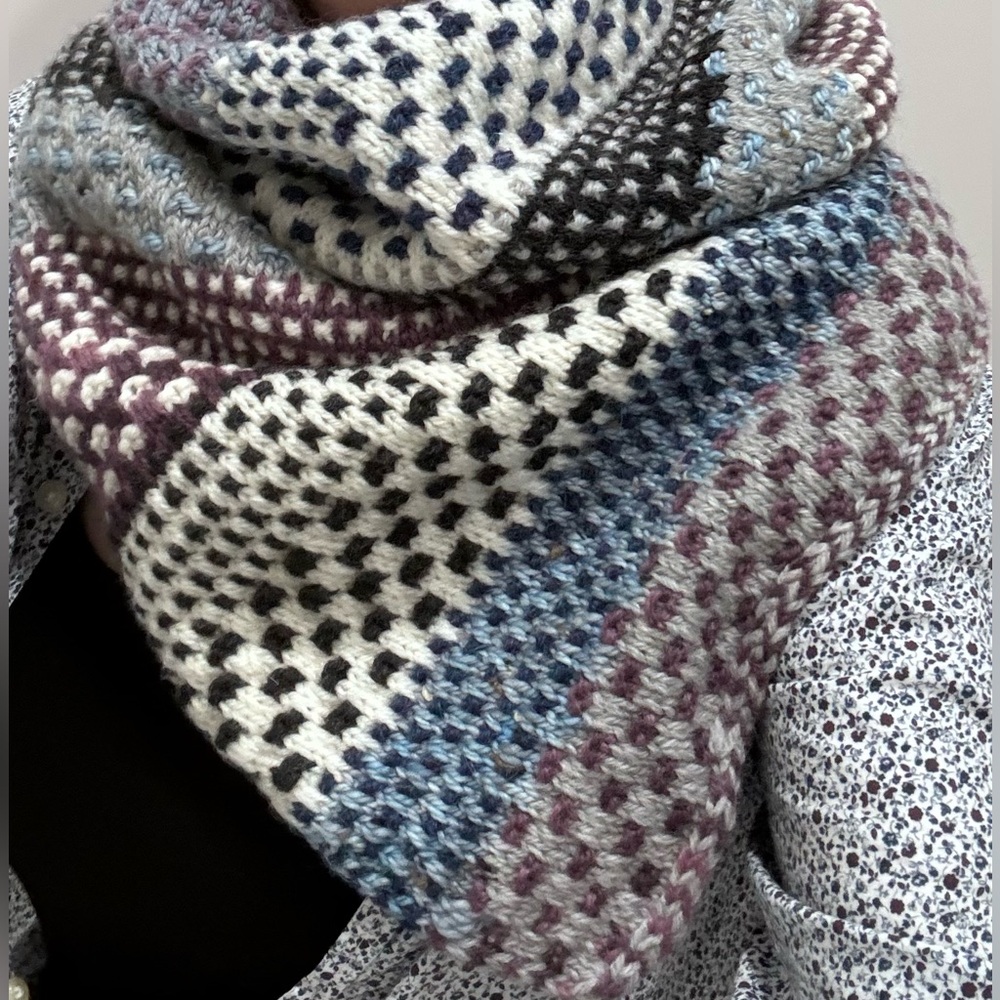 🧶 NWT hand crafted cowl neck warmer Blues greys burgundy creams O/S Peruvi…